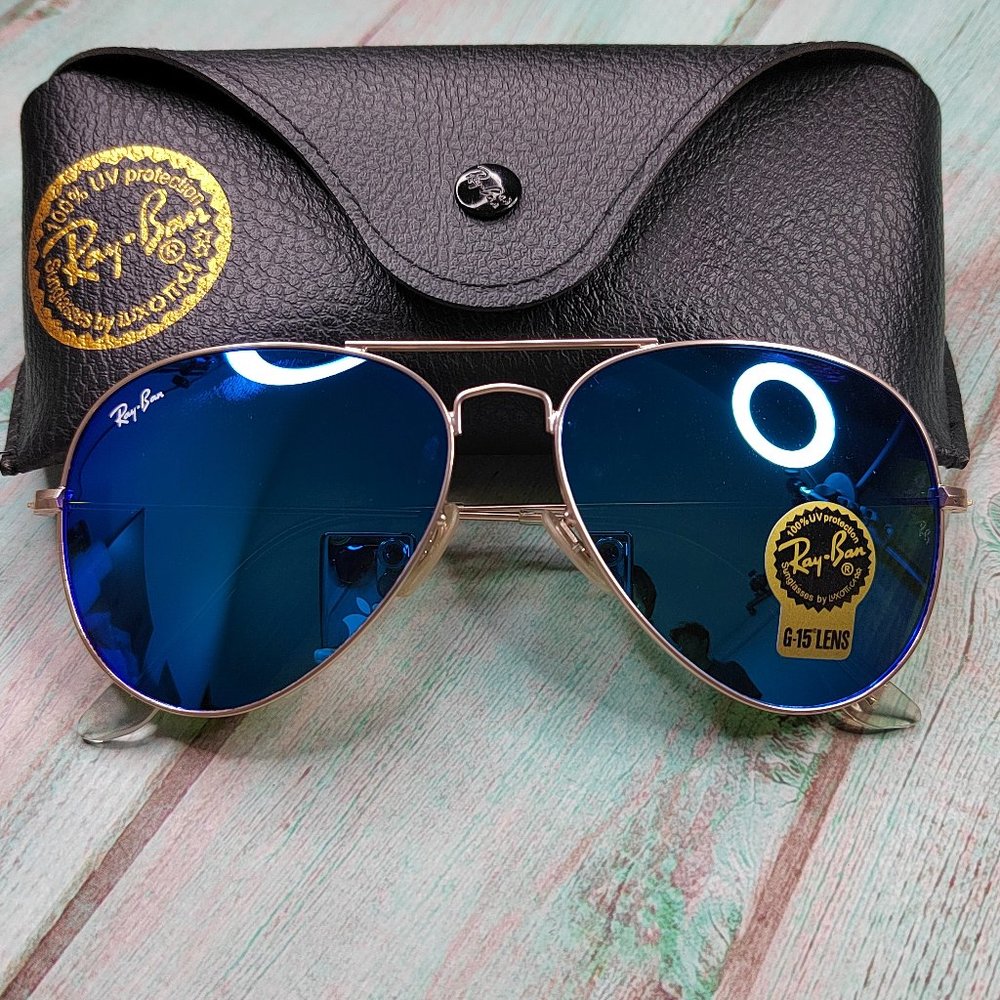🌻Ray-Ban Aviator Flash POLARIZED Gold Sunglasses RB3025 112/4L Blue Mirror 62mm